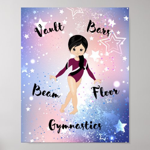 Gym Star Black Hair Brown Eyes Burgundy Leotard  Poster