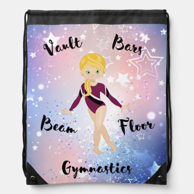 Gym Star Blond, Green Eyes, Burgundy Leotard  Drawstring Bag (Front)