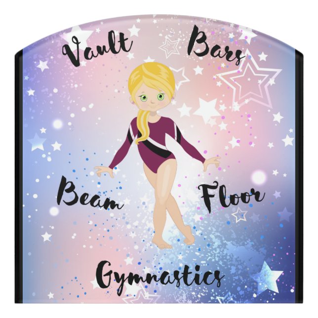 Gym Star Blonde, Green Eyes, Burgundy Leotard      Door Sign (Contour Front)