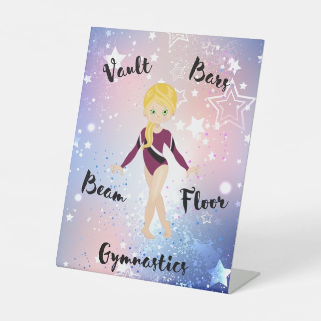 Gym Star Blonde, Green Eyes, Burgundy Leotard      Pedestal Sign (Front)