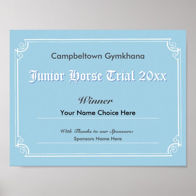 Gymkhana Horse Trials Winner's Certificate Poster (Front)