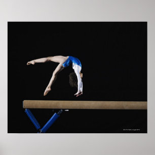 Gymnast (9-10) flipping on balance beam, side poster