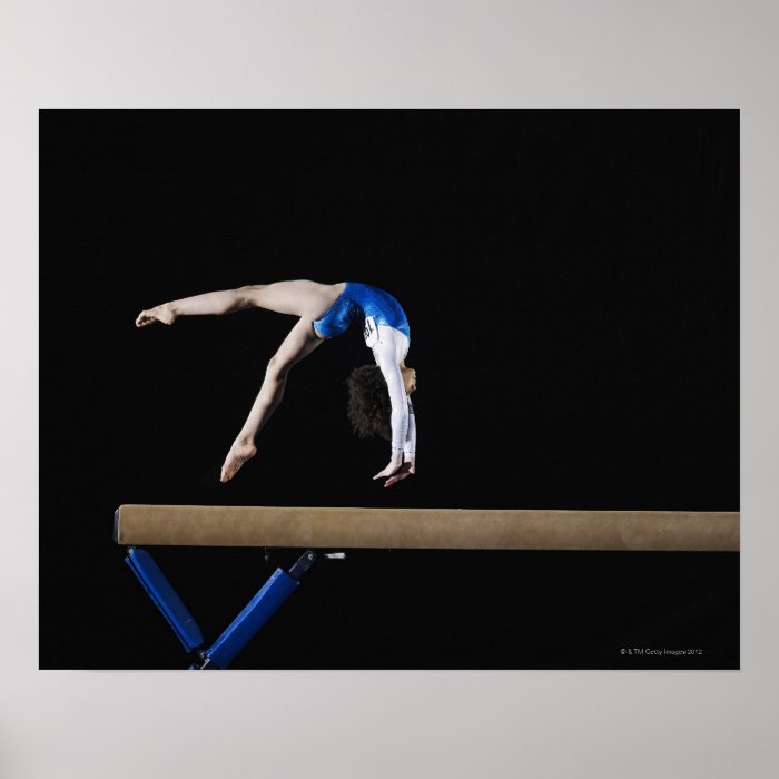 Gymnast (9 10) flipping on balance beam, side poster