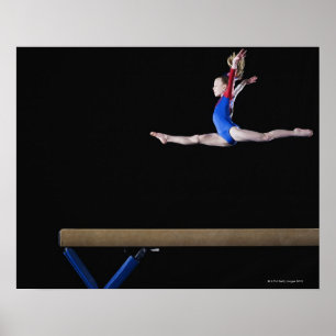 Gymnast (9-10) leaping on balance beam 2 poster
