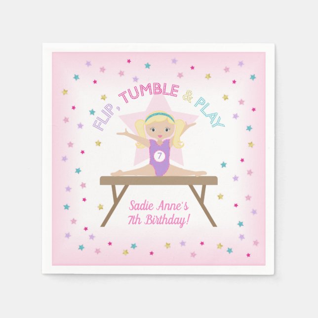 Gymnast Blonde Gymnastics Jump Birthday Party  Napkins (Front)