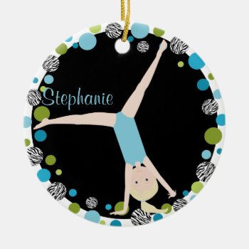 Gymnast Blonde In Aqua And Green Personalized Ceramic Ornament by NightOwlsMenagerie at Zazzle