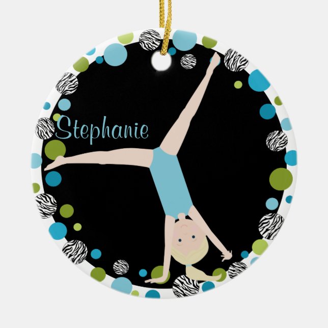Gymnast Blonde in Aqua and Green Personalized Ceramic Ornament (Front)