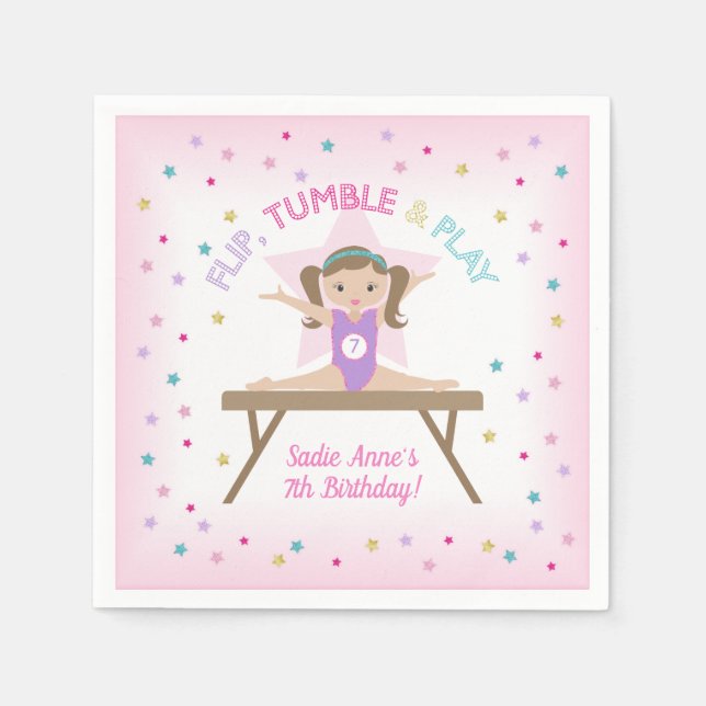 Gymnast Brown Hair Gymnastics Jump Birthday Party  Napkins (Front)
