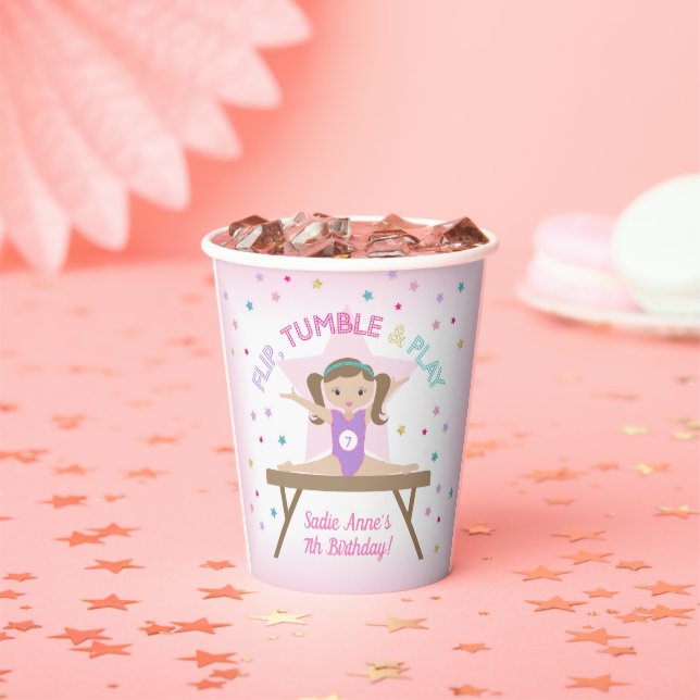 Gymnast Brown Hair Gymnastics Jump Birthday Party Paper Cups (Insitu)