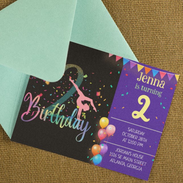 Gymnast cute kids birthday party colorful card (Creator Uploaded)