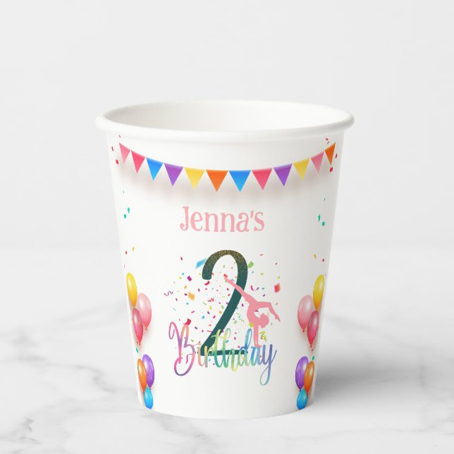 Gymnast cute kids birthday party colorful card paper cups (Front)