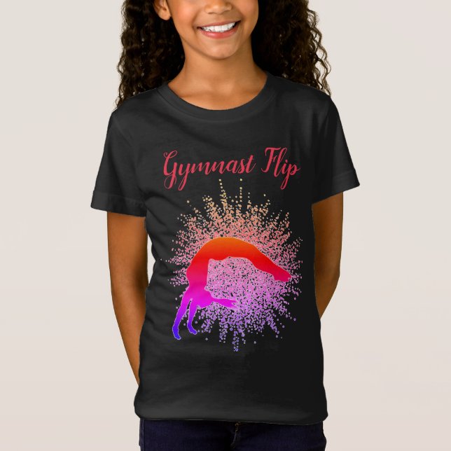 "Gymnast Flip" Girls Gymnastics Red & Rainbow T-Shirt (Front)