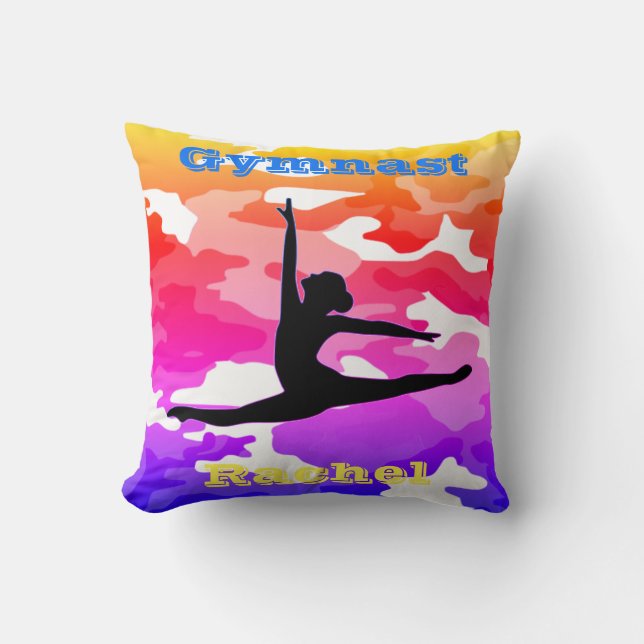 Gymnast Floor Beam Vault Bars Rainbow Camouflage Throw Pillow (Front)