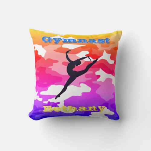 Gymnast Floor Beam Vault Bars Rainbow Camouflage Throw Pillow