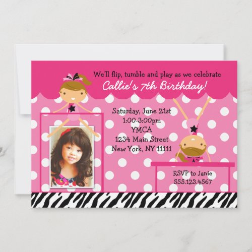 Gymnast Gymnastics Birthday Party Invitation Zebra
