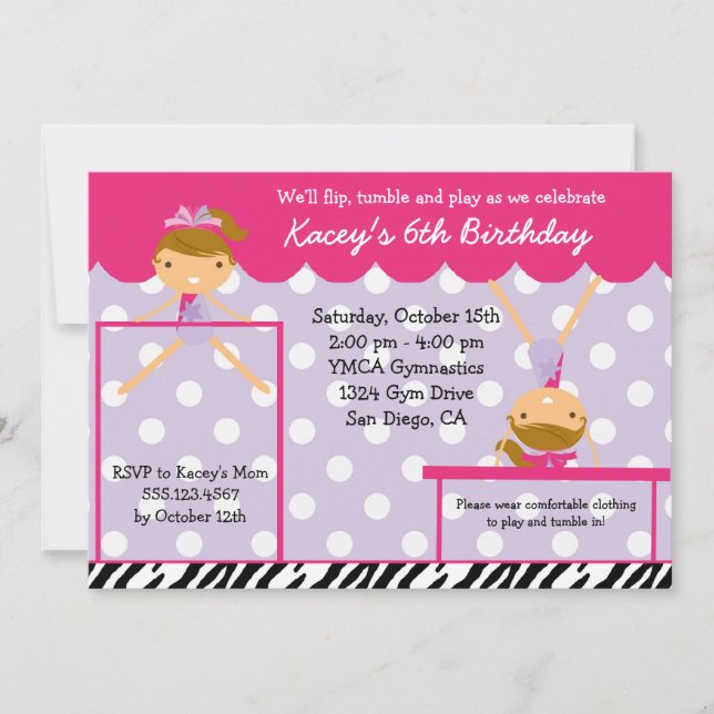 Gymnast Gymnastics Birthday Party Invitation Zebra (Front)