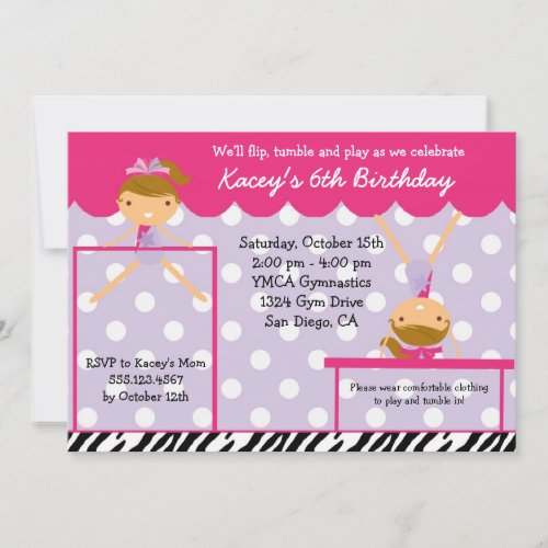 Gymnast Gymnastics Birthday Party Invitation Zebra