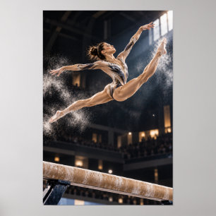 Gymnast Leaping Above Balance Beam Dramatic Sports Poster
