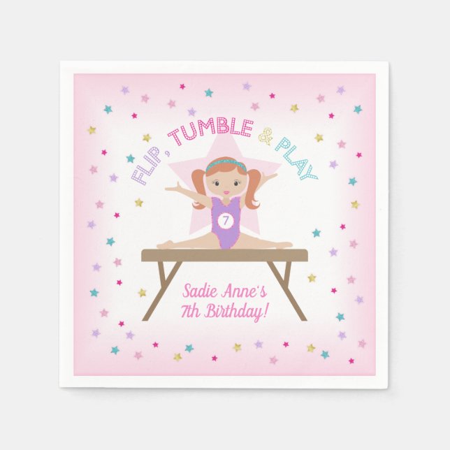 Gymnast Pink Hair Gymnastics Jump Birthday Party  Napkins (Front)