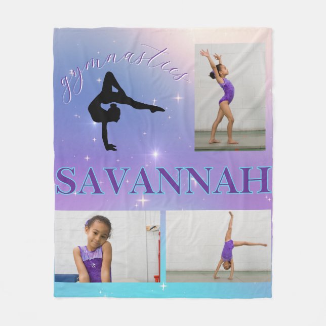Gymnast Purple Teal Gradient 3 Photo Personalized Fleece Blanket (Front)