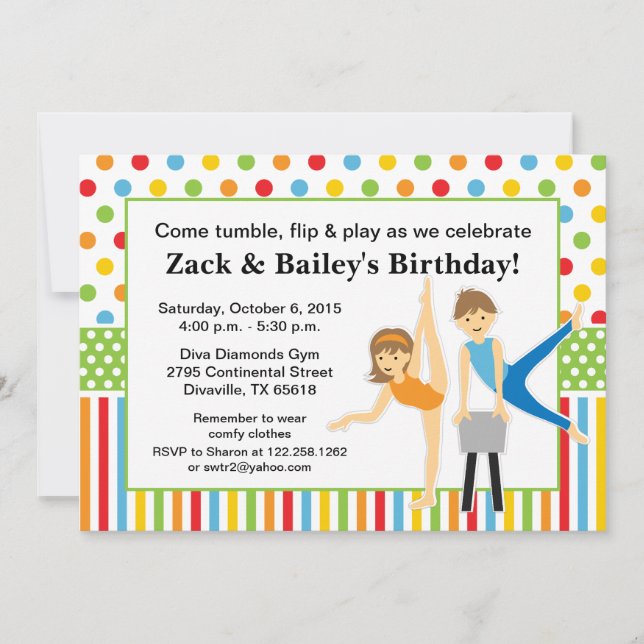 Gymnastic Boy and Girl Birthday Party Invitation (Front)
