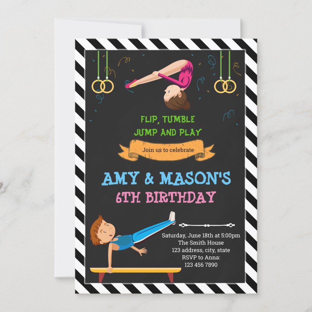 Gymnastic boy and girl party invitation | Zazzle