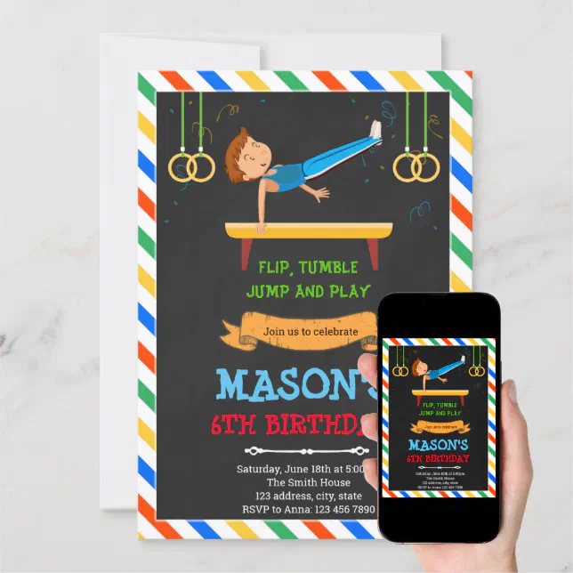 Gymnastic boy birthday party invitation | Zazzle