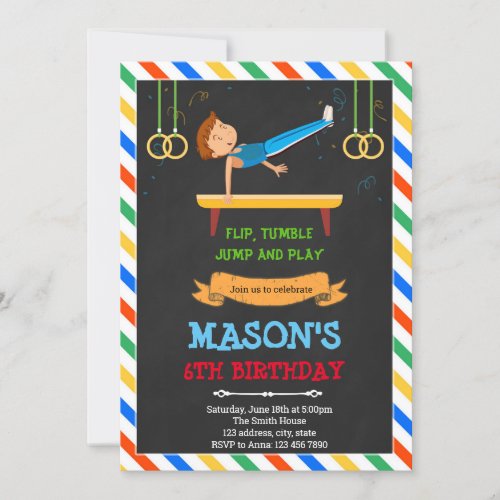 Gymnastic boy birthday party invitation