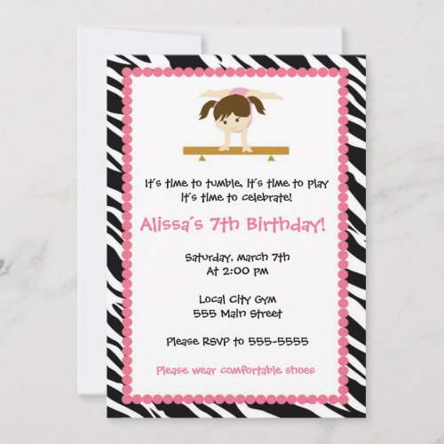 Gymnastic Girl Birthday Party Invitation Zebra