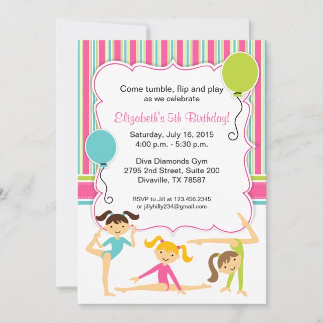 Gymnastic Girls Birthday Party Invitation (Front)