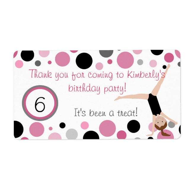 Gymnastic Party Favor Labels Pink, Gray & Black (Front)