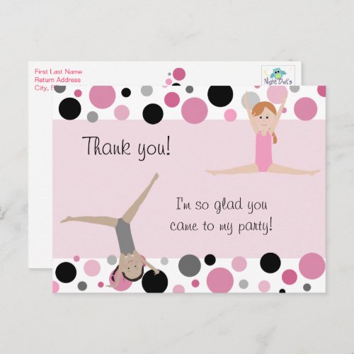 Gymnastic Party Thank You in Pink Gray  Black Postcard