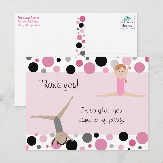 Gymnastic Party Thank You in Pink, Gray & Black Postcard (Front/Back)