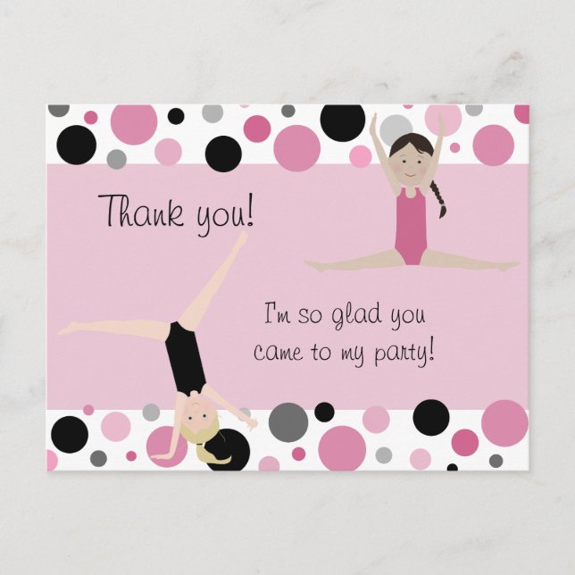 Gymnastic Party Thank You in Pink, Gray & Black Postcard (Front)