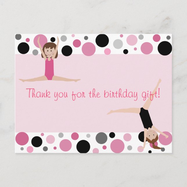 Gymnastic Party Thank You in Pink, Gray & Black Postcard (Front)