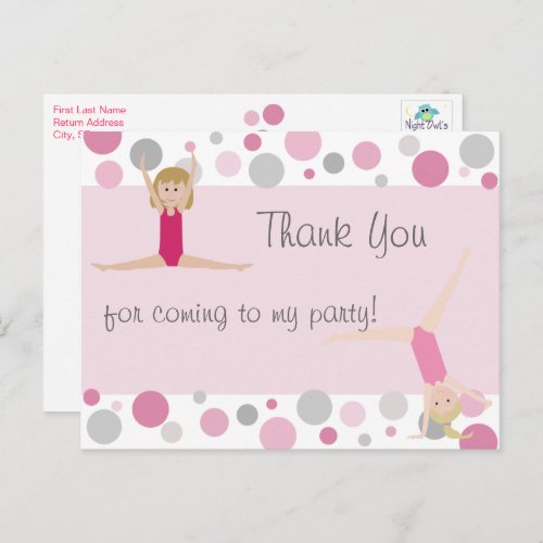 Gymnastic Party Thank You in Pinks  Gray Postcard