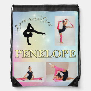 Gymnastic Pastel Rainbow Gradient 3 Photo Custom Drawstring Bag