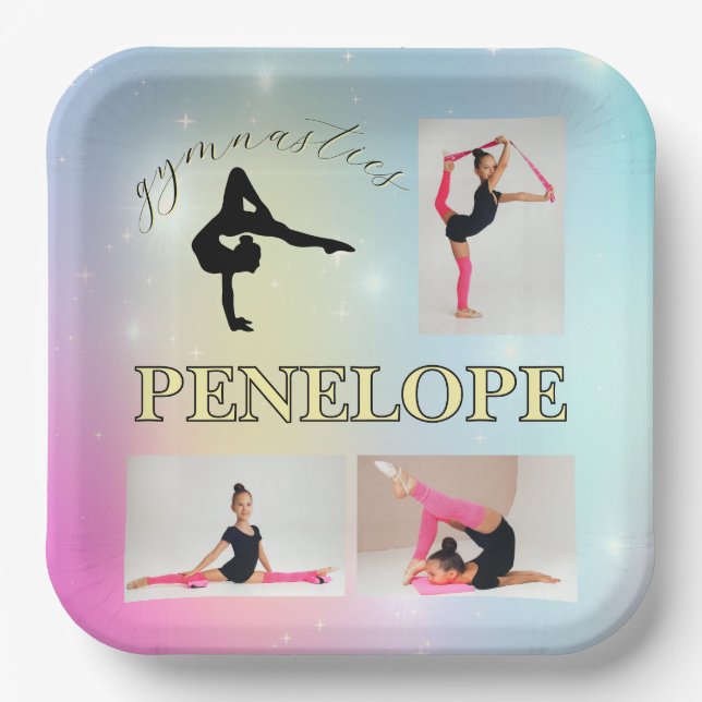 Gymnastic Pastel Rainbow Gradient 3 Photo Custom Paper Plates (Front)