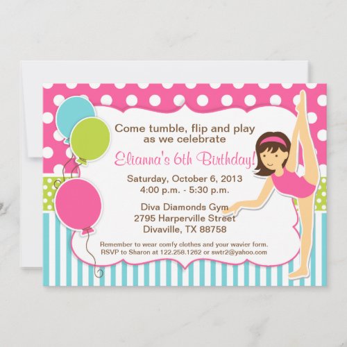 Gymnastic Pink Green and Blue Girl with Dark Hair Custom Announcements
