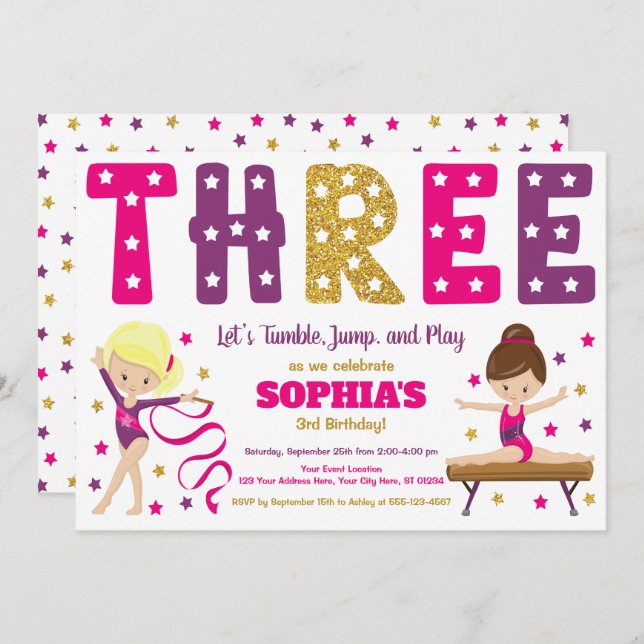 Gymnastics 3rd Birthday Invitation | Hot Pink (Front/Back)