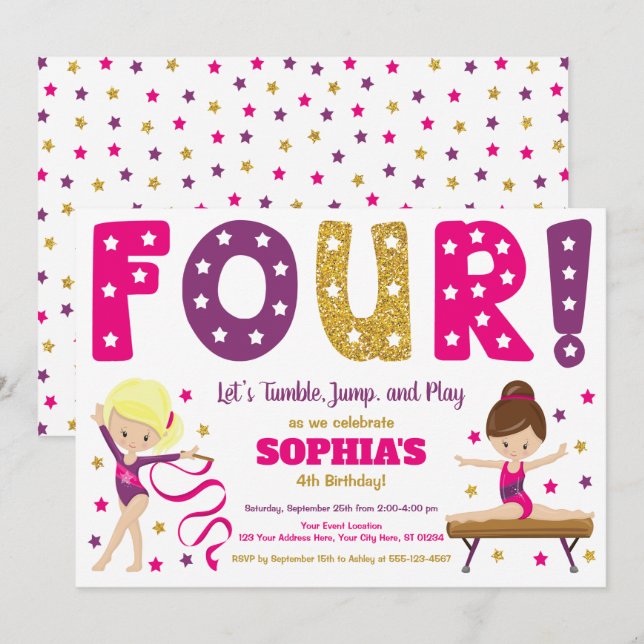 Gymnastics 4th Birthday Invitation | Hot Pink (Front/Back)