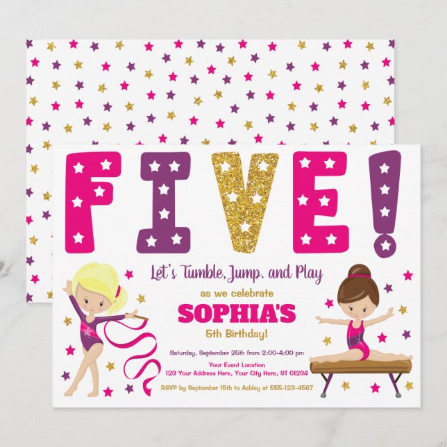 Gymnastics 5th Birthday Invitation | Hot Pink (Front/Back)