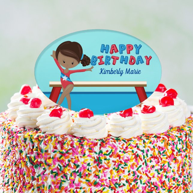 Gymnastics African American Girl Birthday Party Cake Topper (Creator Uploaded)