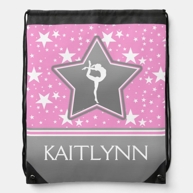 Gymnastics Among the Stars in Pink with YOUR NAME Drawstring Bag (Front)