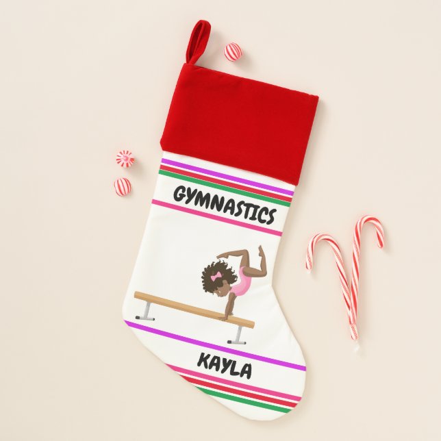 Gymnastics balance beam girl's personalized christmas stocking (Front)