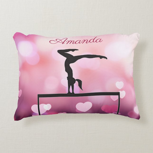Gymnastics Balance Beam Pink Hearts Accent Pillow (Front)