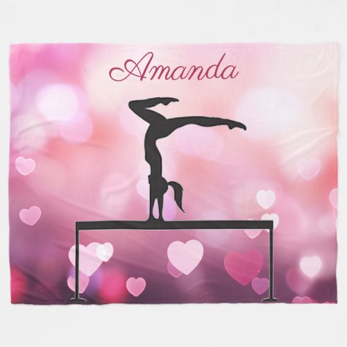Gymnastics Balance Beam Pink Hearts Fleece Blanket