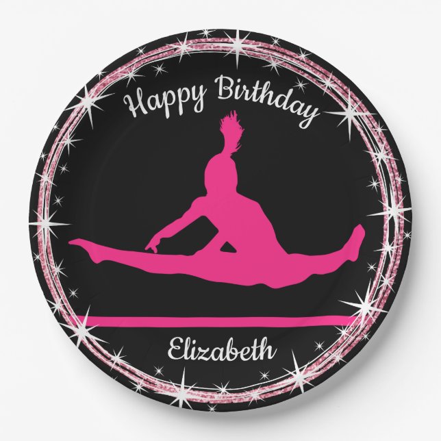Gymnastics Bars Birthday in Pink and Black  Paper Plates (Front)