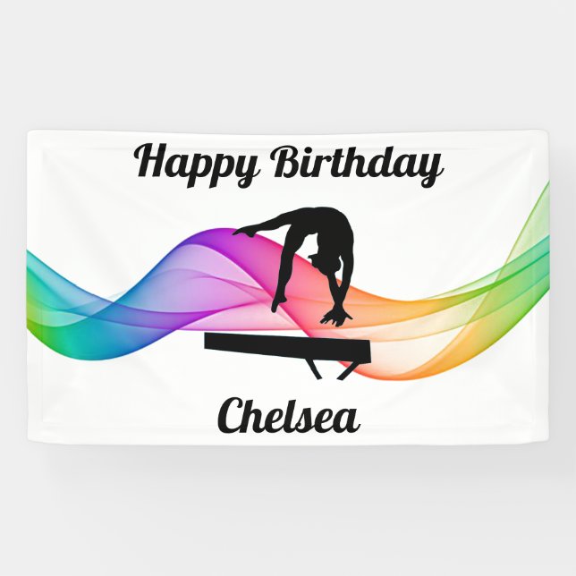 Gymnastics Beam "Happy Birthday" Colorful Swirl Banner (Horizontal)