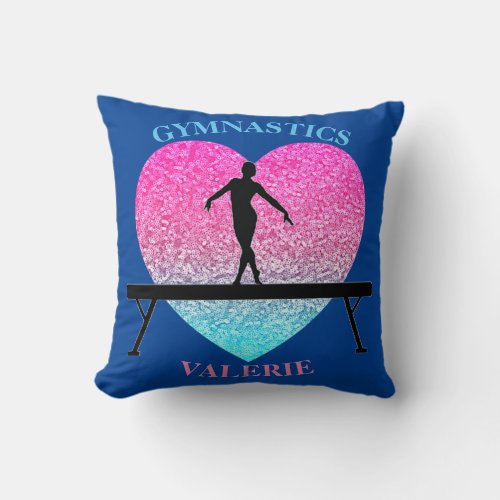 Gymnastics Beam Heart Throw Pillow w Her Name